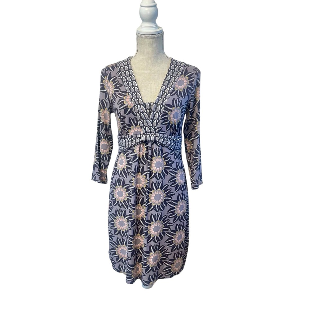 Boden Dress UK 14 US 10 Floral Grey Viscose Elastane Jersey Short 3/4 Sleeve